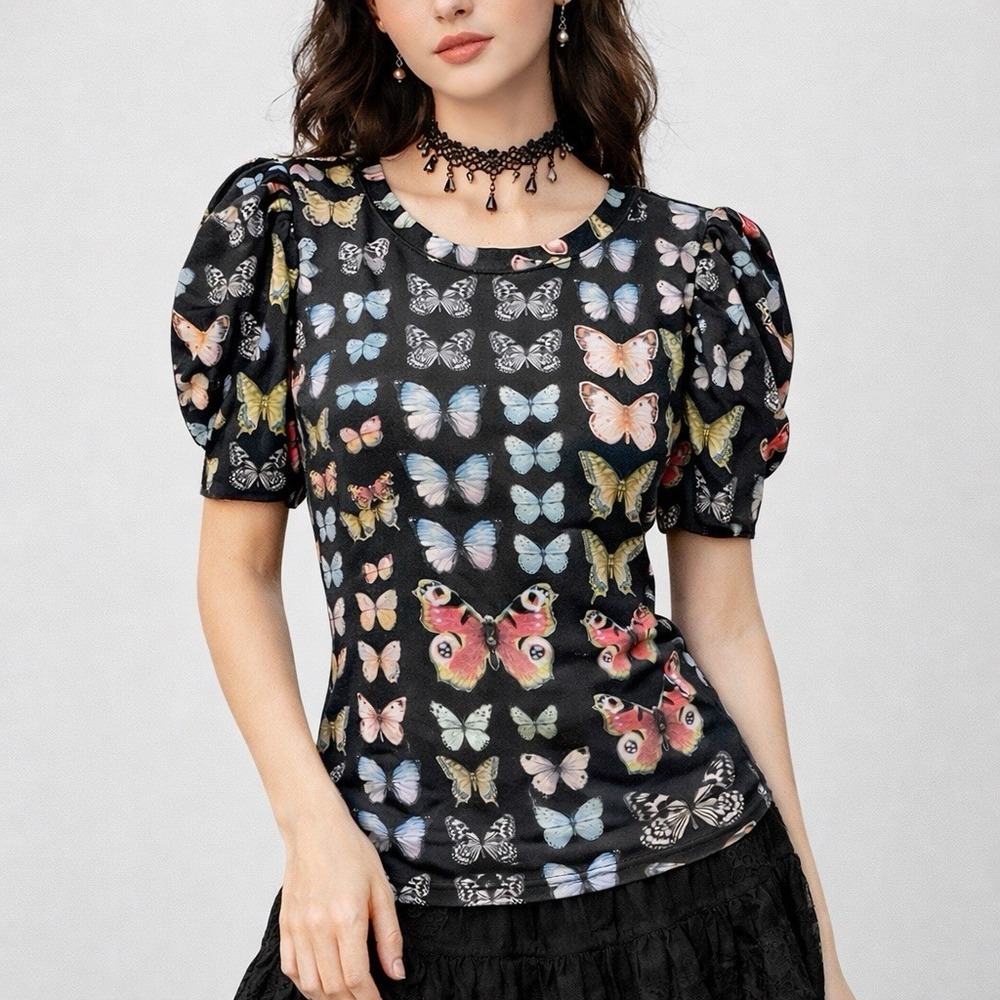 Women Graphic Butterfly Print Top L Puff Sleeve Stretch Y2K Fairy Whimsical Goth